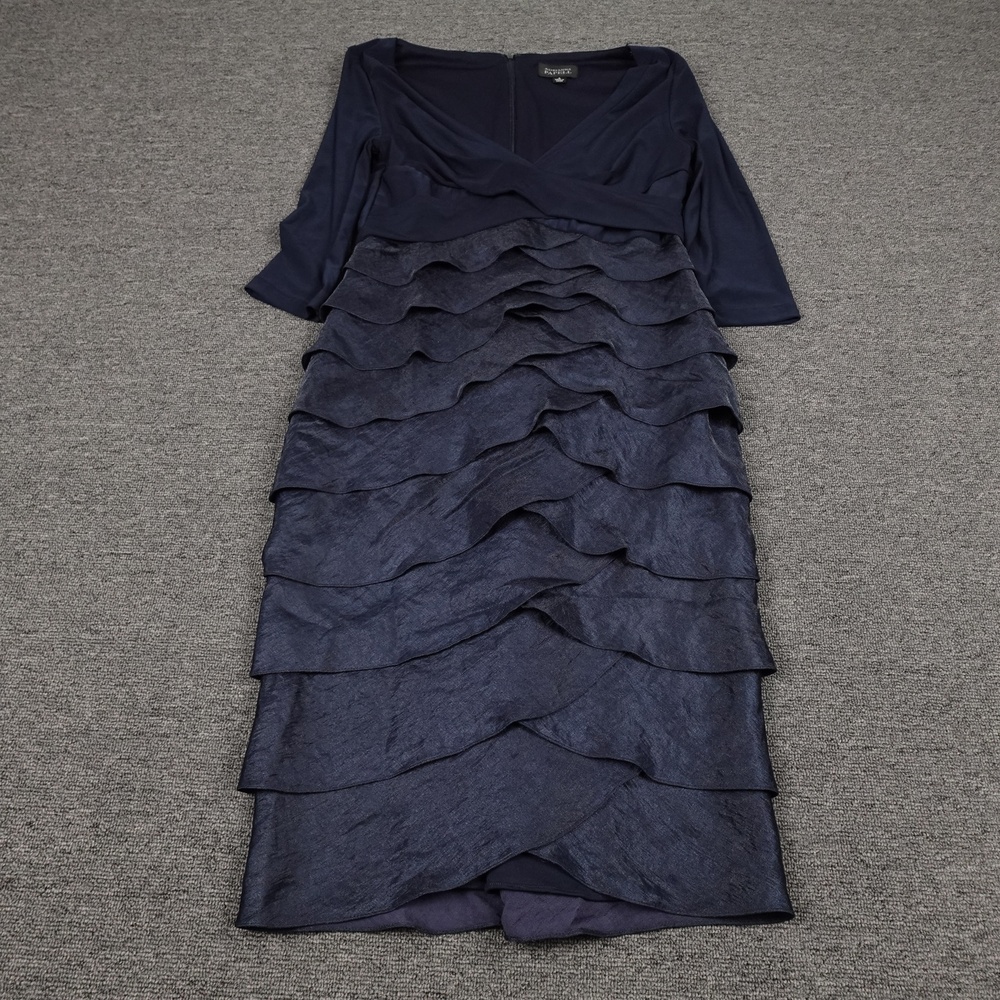 Adrianna Papell Dress Womens 4 Blue 3/4 Sleeve Sheath Ruffle Tiered Cocktail